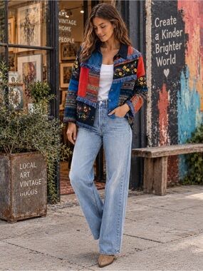 Vintage Indigo Moon Patchwork Embroidered Fringe Jacket 90s Boho Artwear L
